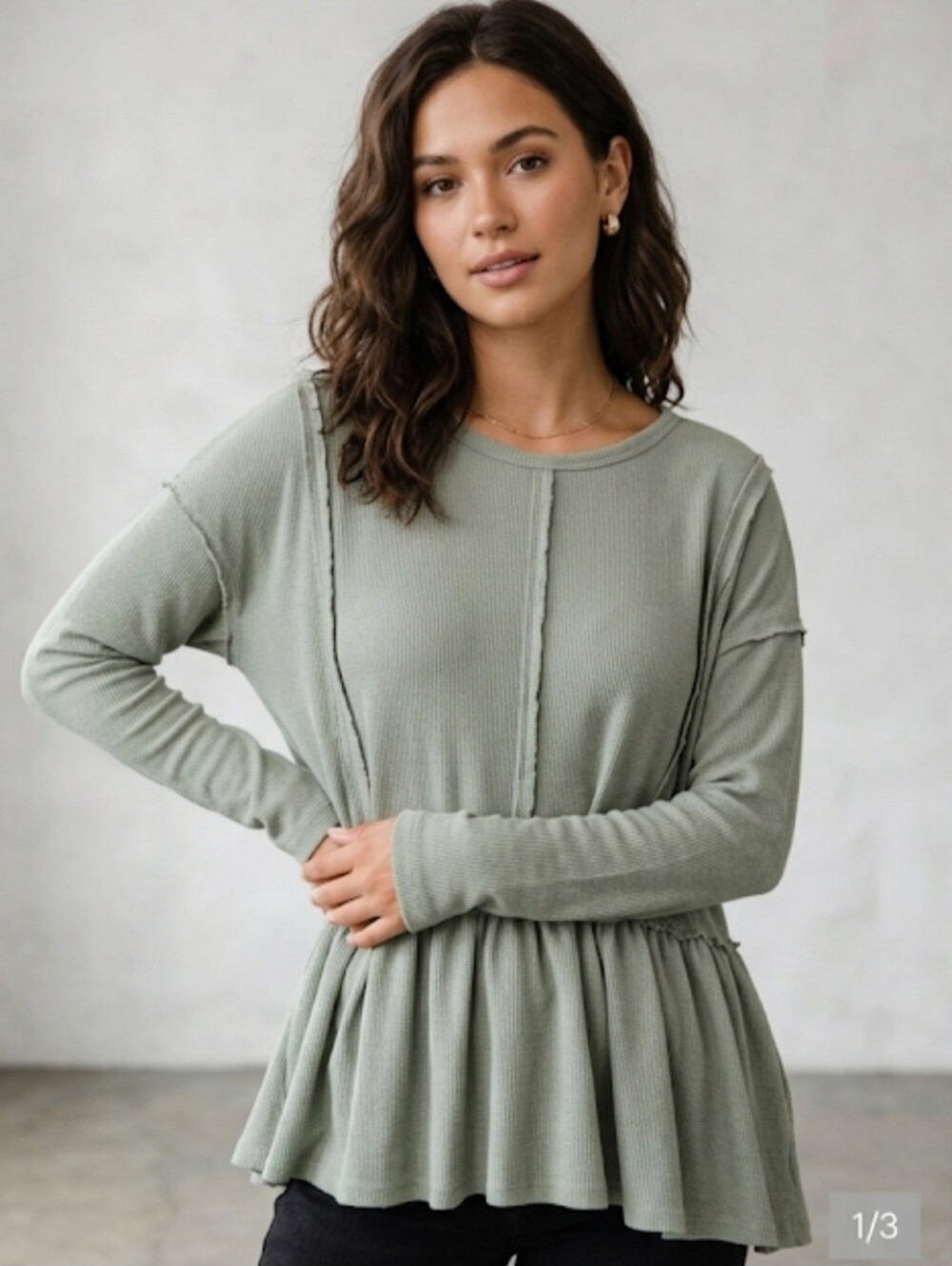 Easel Sage Long Sleeve Peplum Top